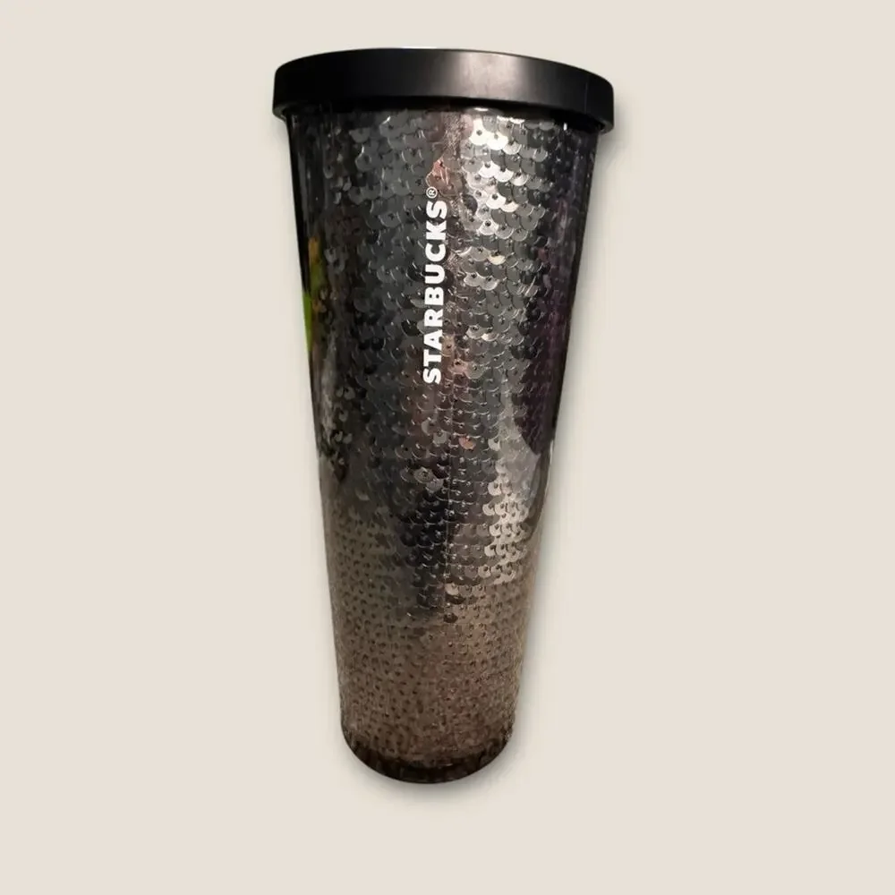 STARBUCKS 2015 Starbucks black sequin acrylic Venti cold cup tumbler.